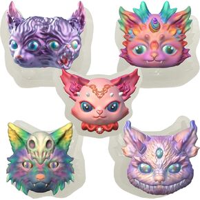 5 Pieces Magical Skull Devil Three Eyed Two-Head Cat Unicorn Head Fantasy Creature Pendant Epoxy Resin Silicone Mold for Fondant Sugar Craft, Cake Topper Decorating, Polymer Clay, Plaster