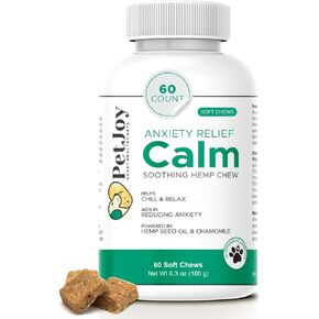PetJoy Hemp Calming Chews for Dogs Relaxation Separation Anxiety Relief - Hemp Gummies for Calm Dog Sleep Aid for Puppies with Chamomile (60 Bacon Calming Treats)