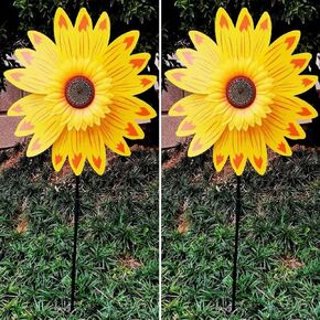 Cute Sunflower Windmills Plastic Wind Spinners Yellow Daisy Flower Pinwheels Outdoor Decoration for Yard, Garden, Lawn, Patio (2pcs Yellow, 36cm/14.17inch)