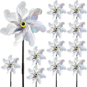 YOUEON 12 Pcs Reflective Pinwheels with Stakes, 21 Inch Extra Sparkly Garden Pinwheels Bird Deterrent, Silver Wind Pinwheels for Yard and Garden
