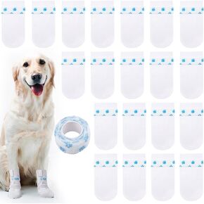 20pcs Disposable Dog Boots with Self-Adhesive Bandage, Waterproof Dog Paw Protectors Socks for Indoor & Outdoor, Disposable Paw Covers for Large Small Medium Cats Pets- White
