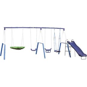 XDP Recreation Surf N Swing Painted Steel 5 Station Kids Outdoor Backyard Swing and Play Set with Wave Slide, Foam Leg Guards, and Hardware, Blue