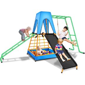 Outdoor Climbing Toys for Kids Swing Sets for Backyard, All-in-One Kids Outdoor Play Equipment with Swings, Slide, Climbing Ladder, Ball Pit and Roof, Outdoor Playset
