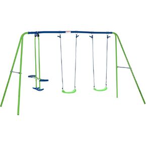 Outsunny Metal Swing Set with Glider, Two Swing Seats and Adjustable Height, Outdoor Heavy Duty A-Frame Suitable for Playground, Backyard, Green