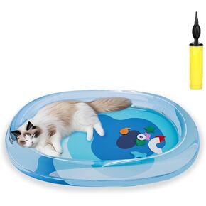 Cat Water Bed with Floating Toys – Upgraded Scratch-Proof Pad for Summer, Inflatable Leak-Proof Pet Bed, Portable Foldable Mat with Manual Pump (31 * 24 inch, Ripple)