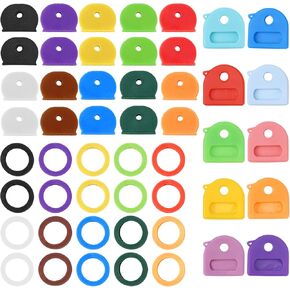 50pcs Key Cap Covers, Silicone Colorful Key Tags Identifiers Protectors with Ring for House Office Labels Tags Universal Fit for Round Square Triangle Types