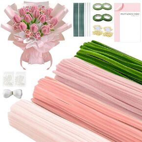 400 Pcs Pipe Cleaners Craft Kit, Pipe Cleaners Bulk Multicolors, Chenille Stems for DIY Flower Bouquet Making Kit with Tape, Floral Wires,Stamen & Ribbon, Pearls, Wrapping Paper(Pink)