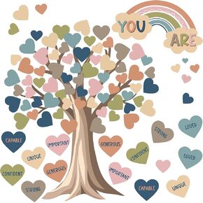 Augisteen 99 Pcs Boho Heart Tree Bulletin Decor Motivational Classroom Tree Paper Cutouts Boho Heart Inspirational Bulletin Board Decoration Set for School Classroom Chalkboard Wall Home Decoration