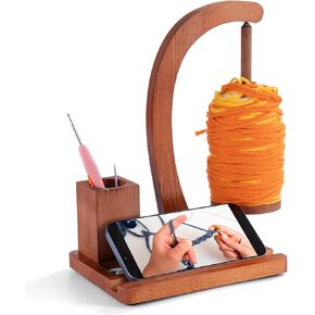 Magnetic Yarn Holder for Knitting and Crocheting, Wooden Yarn Spinner Yarn Ball Holder with Crochet Accessories Storage and Phone Stand, Twirling Mechanism Yarn Spinner for Crocheters Lovers
