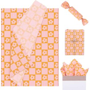 JarThenaAMCS 100 Sheets Boho Daisy Plaid Tissue Paper Pastel Floral Checkered Gift Wrapping Paper Retro Orange Pink Flower DIY Art Craft Tissue Paper for Wedding Birthday Baby Shower Bouquet