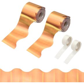 PATIKIL 2 Rolls Bulletin Board Borders, 131.2ft Laser Gold Border for Bulletin Board with Clear Sticky Dots Scalloped Trim for Office Party Classroom Decorations