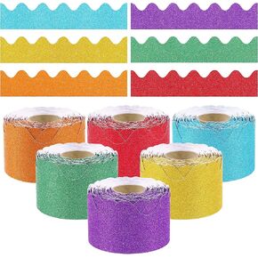 Aodaer 6 Rolls 390 Ft Glitter Bulletin Board Borders Set Colorful Scalloped Rolled Border Trim Orange Classroom Bulletin Board Decorations for School Office Home DIY Birthday Party Decor, Fall Color
