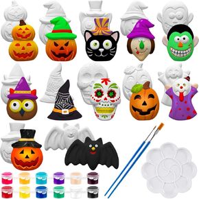 WDAHDHP DIY Halloween Painting Kit, 12Pcs Ready to Paint Your Own Pumpkin Ghost Bat Figurines, Unpainted Crafts with Brush Palette Paint for Girls Boy Halloween Gifts Toys