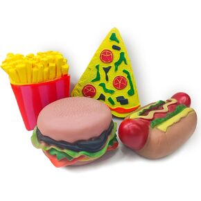 Clearance 4 Pack Dog Squeaky Toys, Cute Puppy Toys, Interactive Squeaky Toys for Small to Medium Breed - Pizza, hot Dog, hamburge, Fries