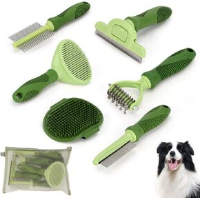 Nobleza 6PCS Dog Grooming Kit, Self-Cleaning Slicker Brush with Massage Tips, Dematting Comb for Shedding and Tangles, Ergonomic Bath Brush, Adjustable Handle, Safe for Dog Cat Puppy, Green