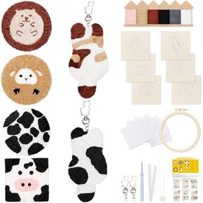 Punch Needle Kit, Set of 6 Punch Needle Kits Adults Beginner Cute Animal Cat Punch Needle Coasters Kit Key Chain Embroidery Kit with Tool, Yarn, Needle, Hoop Instructions Crafts Supplies Starter Set