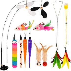 Cat Feather Toys, Enhanced Suction Cup Cat Toys for Indoor, Interactive Cats Teaser Wand, 2 Types Door Hanging Cats String Toy, 12pcs Fishing Pole Feathers Toy Replacements