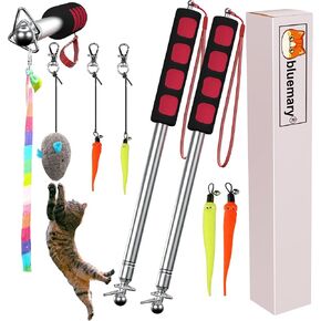 Bluemary 2 Cat Wand Toys & 4 Rainbow Feather String Toys - Engaging Interactive Play for Indoor Kittens and Cats - Ideal for Fun Exercise