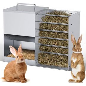 Automatic Rabbit Feeders for Cage Hay Feeder 4.5L Bunny Feeder Stainless Steel Rabbit Food Dispenser for Guinea Pig Squirrel Small Animals Trough