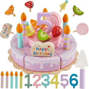 Herity Wooden Birthday Cake Toy Play مجموعات طعام ، يتظاهرون بمطبخ المطبخ للأطفال الصغار ، هدايا كعكة شاي شاي بعد الظهر ل 3 4 4 سنوات من الأطفال الفتيات