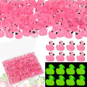 100 Pcs Luminous Mini Resin Flamingo Ducks, Tiny Ducks Figurines to Hide Miniature Pink Flamingo Glow in The Dark Small Animals for Micro Garden Cake Topper Landscape Aquarium Dollhouse Home Decor
