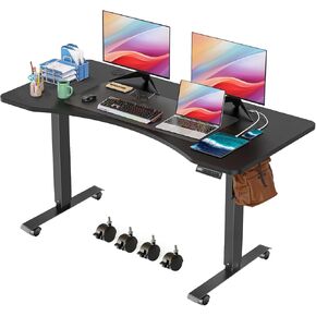 Electric Adjustable Desk, 55'' X 24''Standing Desk Adjustable Height, Ergonomic Home Office Sit Stand Up Table with Wheels, 27''-46'' Lifting Range Computer Workstations(Brown Arc)