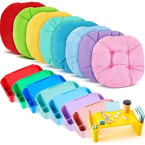 Supervitae 16 Pcs Kids' Lap Desk and Classroom Floor Cushions Set, Including 8 Lap Tray 19. 7x14. 8x7. 7 Inch, Stackable, and 8 Floor Pillow 16 Inch for Classroom Kindergarten Daycare Nursery