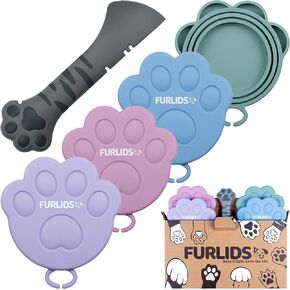 Furlids 4 Pack Silicon Lids & Spatula للكلاب والقطط والحيوانات الأليفة الغذاء الرطب | غطاء لـ Dogfood و Catfood | قبعات السيليكون ، أغطية ، قمم للعلب | غسالة الصحون والثلاجة آمنة | يمكن أن يغطي حيوان أليف الكلب القط