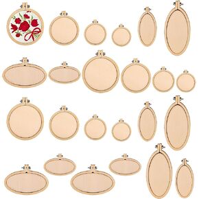 Framendino, 24 Pack Mini Embroidery Hoop Wooden Round Oval Crossing Stitch Wood Hoops Display Frame Circle for DIY Crafts Hanging Ornament (8 Styles)