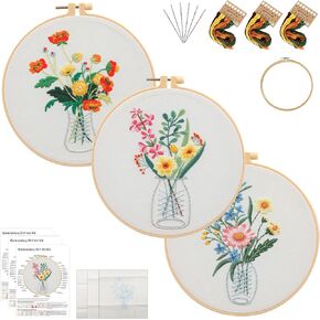 KEKEMEOW 3 Sets Embroidery Kit for Beginners, Stitches with Wild Flower Patterns, DIY Cross Stitch Kits for Adults, Needlepoint Hand Embroidery Kit with Stamped Pattern、Instruction、Hoop