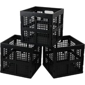 Kiddream 3 Pack 18 Liter Small Plastic Milk Crate, Square Folding Storage Baskets, Black