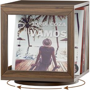Vinyl Record Storage Crate, 360 Degree Rotating Record Holder, Visible Record Box Holds 50+ Records, Wooden Vintage Record Organizer for Albums, Magazines, Books