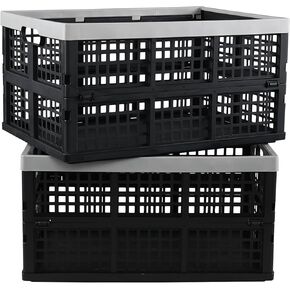 Qskely 2-Pack 42 L Plastic Stacking Folding Storage Crates, Large Collapsible Storage Basket