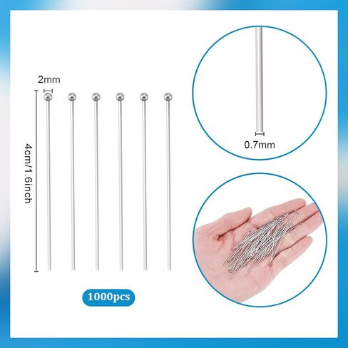 PH PandaHall 1000pcs 40mm 304 Stainless Steel Ball Head Pins, 21 Guage Jewelry Head Pins Bendable Headpin for Earring Pendant Bracelet Necklace DIY Craft, Stainless Steel Color, Head: 2mm in Saudi Arabia