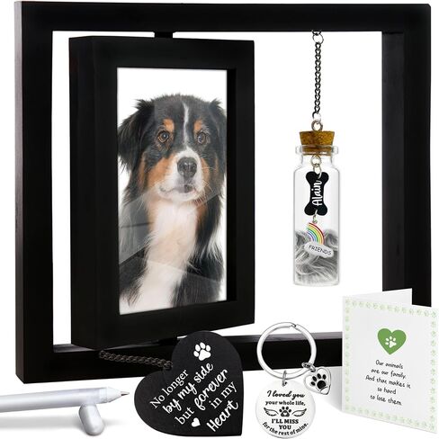 Pet Memorial Gift for Dogs Cats, Rustic 360 Rotating Picture Frame 4x6 Photo, Pet Hair Keepsake Fur Jar Rainbow Bridge No Longer By My Side Wooden Heart Tag, In Loving Sympathy Animal Loss Gift PR-3R in Saudi Arabia