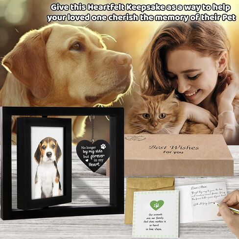 Pet Memorial Gift for Dogs Cats, Rustic 360 Rotating Picture Frame 4x6 Photo, Pet Hair Keepsake Fur Jar Rainbow Bridge No Longer By My Side Wooden Heart Tag, In Loving Sympathy Animal Loss Gift PR-3R in Saudi Arabia
