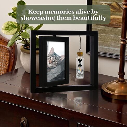 Pet Memorial Gift for Dogs Cats, Rustic 360 Rotating Picture Frame 4x6 Photo, Pet Hair Keepsake Fur Jar Rainbow Bridge No Longer By My Side Wooden Heart Tag, In Loving Sympathy Animal Loss Gift PR-3R in Saudi Arabia