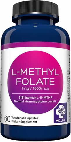 MD Life L Methylfolate 1mg - مكمل Methylfolate النشط بدرجة احترافية - مكملات MTHFR ذات الفعالية القصوى - L methylfolate 1mg 60 كبسولة - الأحماض الأمينية الأساسية in Kuwait