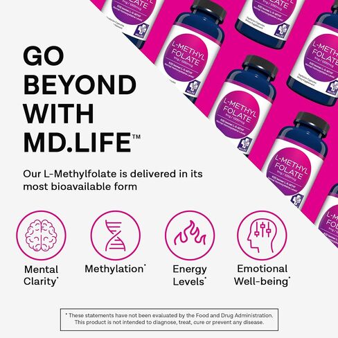 MD Life L Methylfolate 1mg - مكمل Methylfolate النشط بدرجة احترافية - مكملات MTHFR ذات الفعالية القصوى - L methylfolate 1mg 60 كبسولة - الأحماض الأمينية الأساسية in Kuwait