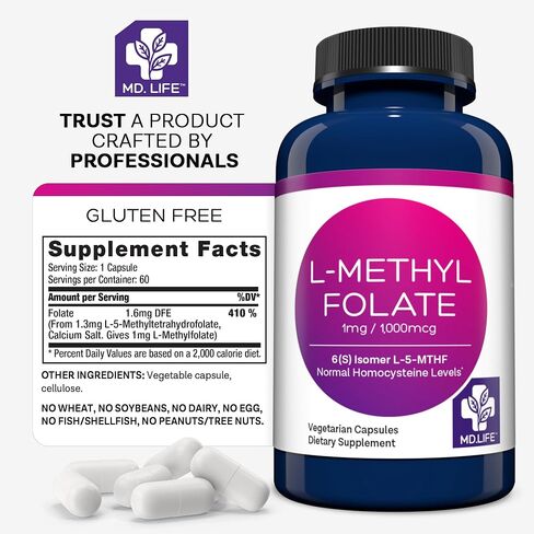 MD Life L Methylfolate 1mg - مكمل Methylfolate النشط بدرجة احترافية - مكملات MTHFR ذات الفعالية القصوى - L methylfolate 1mg 60 كبسولة - الأحماض الأمينية الأساسية in Kuwait