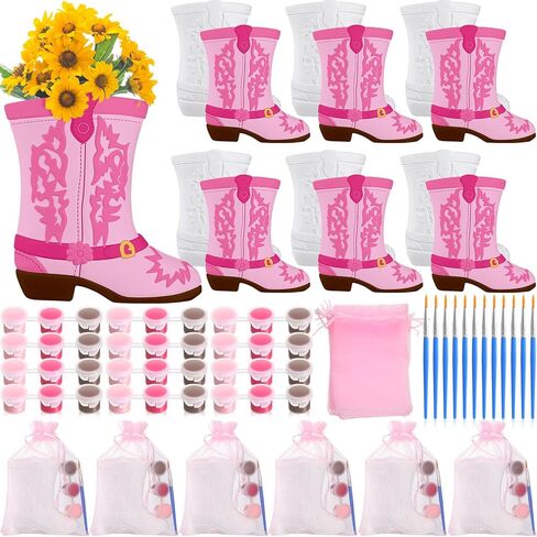 Seenelling 12 Pack Cowboy Cowgirl Boot Vase Painting Set Ready to Paint Your Own Ceramic Unpainted Cowboy Painting Plaster DIY Paintable Kit Craft for Bachelor Bachelorette Party Baby Shower (Pink) in Saudi Arabia