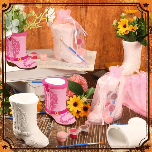 Seenelling 12 Pack Cowboy Cowgirl Boot Vase Painting Set Ready to Paint Your Own Ceramic Unpainted Cowboy Painting Plaster DIY Paintable Kit Craft for Bachelor Bachelorette Party Baby Shower (Pink) in Saudi Arabia