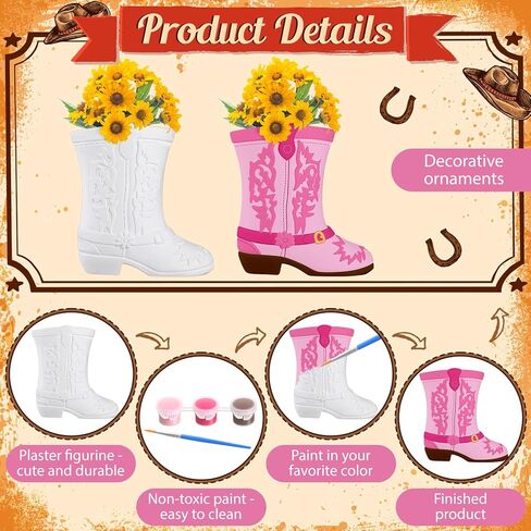 Seenelling 12 Pack Cowboy Cowgirl Boot Vase Painting Set Ready to Paint Your Own Ceramic Unpainted Cowboy Painting Plaster DIY Paintable Kit Craft for Bachelor Bachelorette Party Baby Shower (Pink) in Saudi Arabia