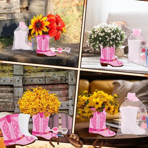 Seenelling 12 Pack Cowboy Cowgirl Boot Vase Painting Set Ready to Paint Your Own Ceramic Unpainted Cowboy Painting Plaster DIY Paintable Kit Craft for Bachelor Bachelorette Party Baby Shower (Pink) in Saudi Arabia