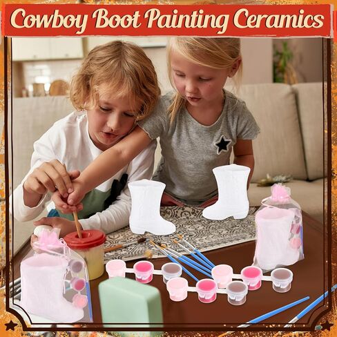 Seenelling 12 Pack Cowboy Cowgirl Boot Vase Painting Set Ready to Paint Your Own Ceramic Unpainted Cowboy Painting Plaster DIY Paintable Kit Craft for Bachelor Bachelorette Party Baby Shower (Pink) in Saudi Arabia