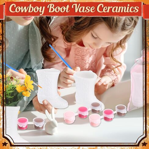 Seenelling 12 Pack Cowboy Cowgirl Boot Vase Painting Set Ready to Paint Your Own Ceramic Unpainted Cowboy Painting Plaster DIY Paintable Kit Craft for Bachelor Bachelorette Party Baby Shower (Pink) in Saudi Arabia