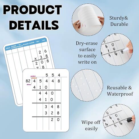 24 Pack Long Division Whiteboard for Kids Teaching Multiplication Double-Sided Cardboard Board Division Chart Portable Math Manipulatives Whiteboard Educational Tools for Students Classroom 12" x 9" in Kuwait
