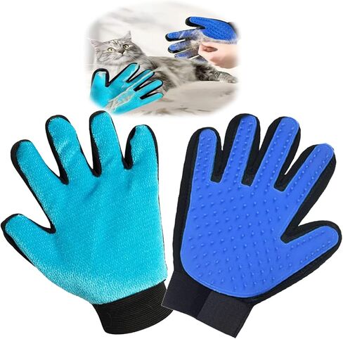 VCZONE 2 in 1 Cat Grooming Glove, Double-Sided Use Pet Hair Remover Glove, 1 Side is Gentle Grooming for Dogs, Cats, The Other is Effective Hair Remover for Furniture, Clothing (Blue, Right-Hand) in Kuwait