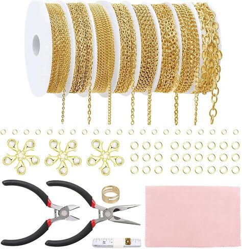 Fesorsi Gold Chain for Jewelry Making, 65ft 8 Style Steel Jewelry Chain, Electroplating Process, for DIY Necklace Chains, Tassel Pendants, with Jump Ring, Lobster Clasp, Pliers in Kuwait
