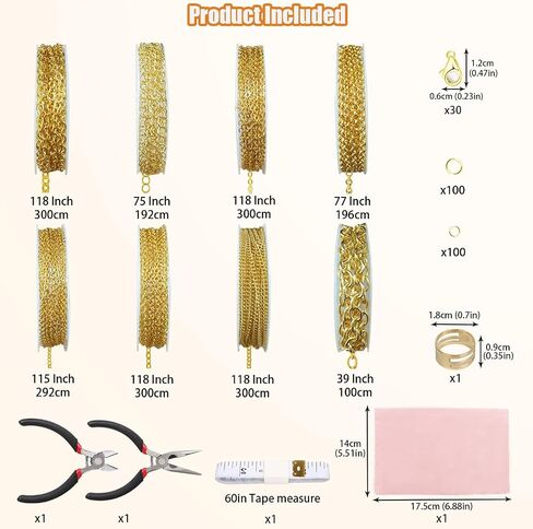 Fesorsi Gold Chain for Jewelry Making, 65ft 8 Style Steel Jewelry Chain, Electroplating Process, for DIY Necklace Chains, Tassel Pendants, with Jump Ring, Lobster Clasp, Pliers in Kuwait